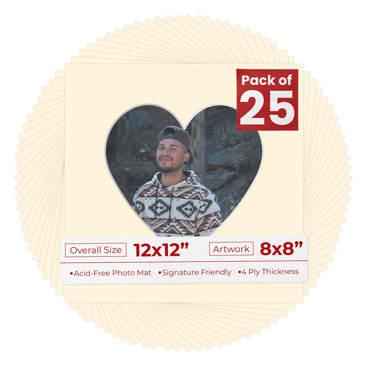 Bamboo Beige Mat Board for 12x12 Frames - Heart Opening for 8x8 Photos